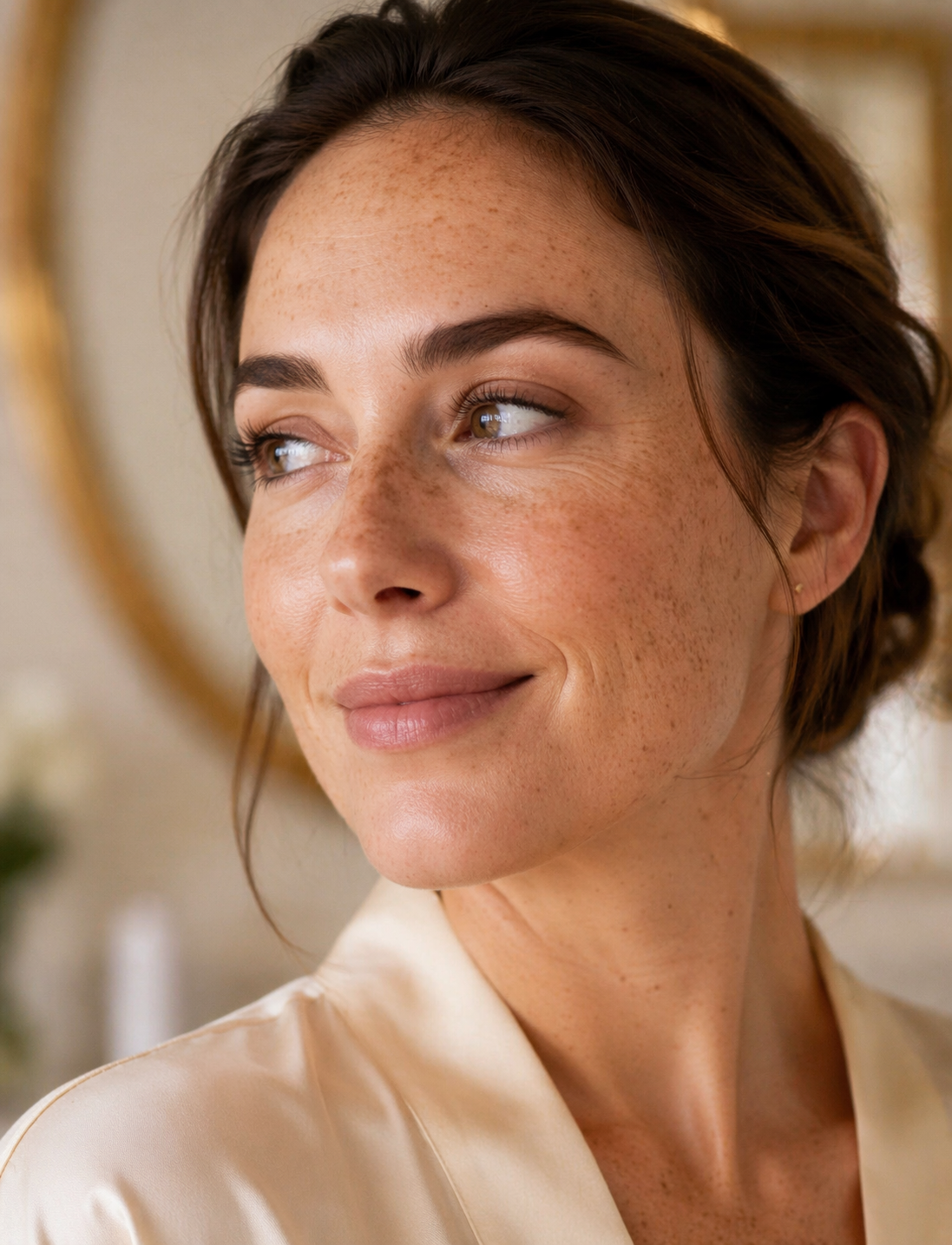 Confident woman in soft cream silk in a luxury aesthetic clinic
